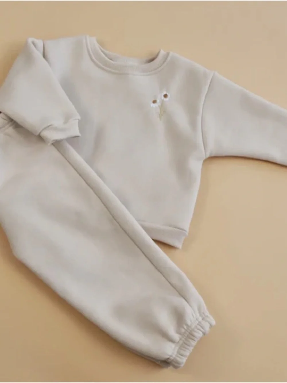 Neutral Cozy Sweatshirt & Joggers Set - Small Daisy Embroidery